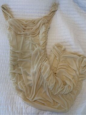 PrettyLittleThing Cream Ruched Cowl Neck Dress